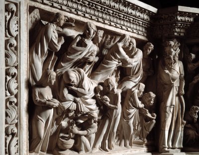 Detalj av relieferna av stolen realiserade av Giovanni Pisano (1248-1314): bebådelsen, besöket och födelsen av Johannes Döparen (Detalj av relieferna från marmorpredikstolen, bebådelse, besök och födelse av Johannes Döparen) 1302 -1311 Cath av Giovanni Pisano