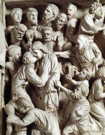 Detalj av relieferna av stolen realiserade av Giovanni Pisano (1248-1314): Judas kyss (Detalj av relieferna på marmorpredikstolen, kyss av Judas) 1302-1311 Cathedrale of Pisa (Duomo di Pisa), Italien av Giovanni Pisano