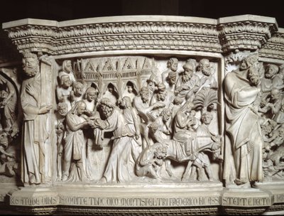 Detalj av relieferna av stolen realiserade av Giovanni Pisano (1248-1314): presentationen av Jesus vid templet och flykten till Egypten (Detalj av relieferna från marmorpredikstolen) 1302-1311 Cathedrale of Pisa (Duomo di Pisa) , Italien av Giovanni Pisano