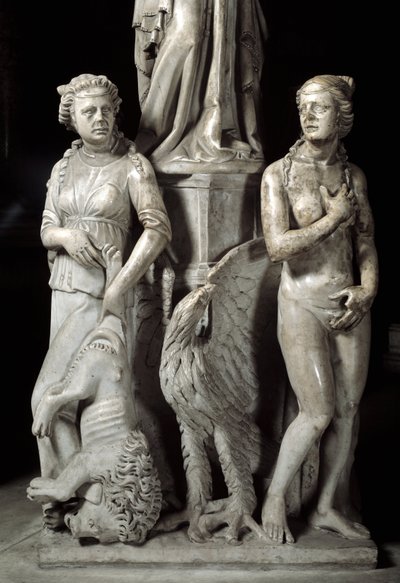 Detalj av de skulpterade grupperna som stöder stolen realiserade av Giovanni Pisano (1248-1314): två kardinaldygder (Detalj av skulpturerna som stöder marmorpredikstolen, två kardinaldygder) 1302-1311 Cathedrale de Pisa (Duomo di Pisa), Italien av Giovanni Pisano