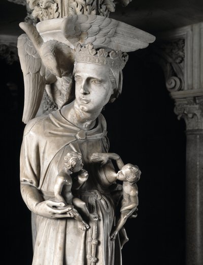 Detalj av de skulpterade grupperna som stöder stolen realiserad av Giovanni Pisano (1248-1314): Kyrkan som ger näring till sina barn (Detalj av skulpturerna som stöder marmorpredikstolen, kyrkan matar sina barn) 1302-1311 Cathedrale de Pisa (Duomo di Pis av Giovanni Pisano