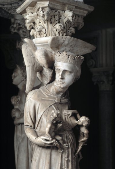 Detalj av de skulpterade grupperna som stöder stolen realiserad av Giovanni Pisano (1248-1314): Kyrkan som ger näring åt sina barn (Detalj av skulpturerna som stöder marmorpredikstolen, kyrkan matar sina barn) 1302-1311 Cathedrale de Pisa (Duomo di Pis) av Giovanni Pisano