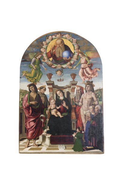 Madonna och barn tronande med helgon av Giovanni Santi