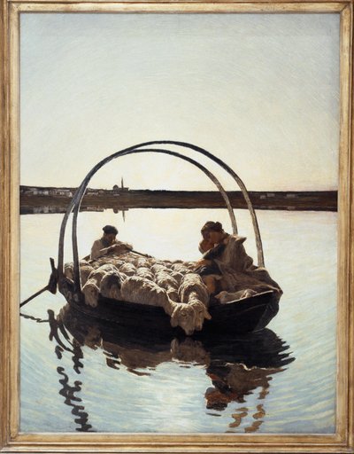 Ave Maria: En mamma som håller sitt barn mot sig med en flock får på en färja som korsar en flod av Giovanni Segantini