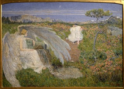 Love Source of Life: En ängel som ser ett par gå i ett drömlikt landskap av Giovanni Segantini