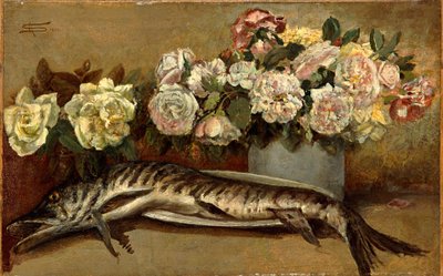 Stilleben med blommor och fiskar eller Gädda och rosor av Giovanni Segantini