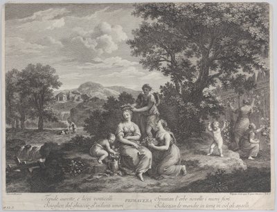 Primavera, en grupp kvinnor som samlar in blommor och gör kronor av dem, ca. 1764. av Giovanni Volpato