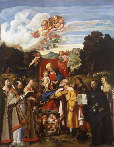 Madonna Enthroned with Angels, St. Apollonia, St. Augustine, St. Catherine, St. Joseph, St. Grata, St. Philip Benizzi och St. Barbara (St. Gotthard altartavla) av Giovanni de Busi Cariani
