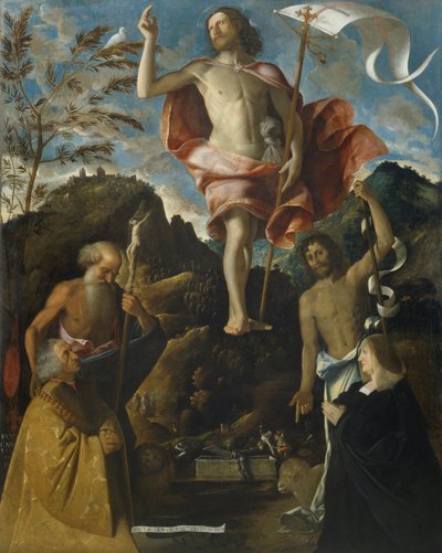 Kristi uppståndelse, S:t Hieronymus, S:t Johannes Döparen och donatorerna Ottaviano och Domitilla Vimercati vid bön av Giovanni de Busi Cariani