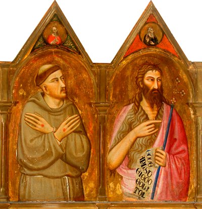 Saint Francis och Johannes Döparen (vänster panel av triptyk) (tempera och bladguld på panel) av Giovanni del (follower of) Biondo