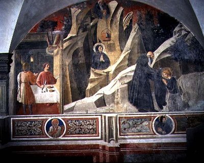 St. Benedikt tar emot bröd och en mantel från Eremiten Romano, detalj från freskcykeln av St. Benedikts liv från Chiostro degli Aranci (Apelsinernas kloster) c.1430-talet (fresk) av Giovanni di Consalvo (attr. to)