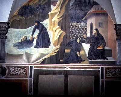 St. Benedictus skickar Mauro för att rädda den drunknande Placidus från sjön, detalj från freskcykeln av St. Benedictus liv från Chiostro degli Aranci (Apelsinernas kloster) ca 1430-talet (fresk) av Giovanni di Consalvo (attr. to)