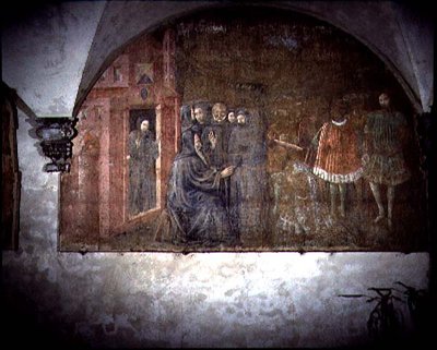 St. Benedikt och budbäraren från kung Totila, detalj från freskcykeln av St. Benedikts liv från Chiostro degli Aranci (apelsinklostret) c.1430-talet (fresk) av Giovanni di Consalvo (attr. to)