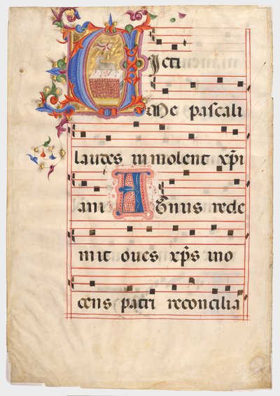 Initial V: Påskalammet på ett altare av Giovanni di Paolo