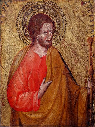 Representation av den helige Jakob Pelerin Detta är den helige Jakob majoren eller den helige Jakob, son till Zebedeus. Målning av Giovanni di Paolo (1395 / 1400-1482) 1400-talets Assisi, Museum of the Treasury of the Basilica of San Francesco och Perkins  av Giovanni di Paolo
