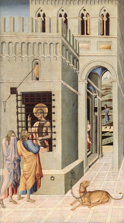 Johannes Döparen i fängelset besökt av två lärjungar, 145560. av Giovanni di Paolo
