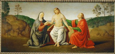 Den döde Kristus med stöd av jungfru Maria och aposteln Johannes ... av Giovanni di Pietro (c.1450 1529) (studio of)