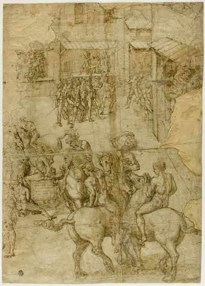 Mytologisk tävling (recto); Oläsliga inskrifter och anatomiska studier av huvudet (verso) av Girolamo Genga