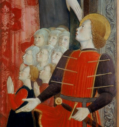 Detalj av St. Sebastian, Madonna della Misericordia med St. Venantius och St. Sebastian, 1463 av Girolamo Giovanni