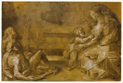 Två liggande tiggare och sittande mor och barn, vid foten av trappan av Girolamo Macchietti
