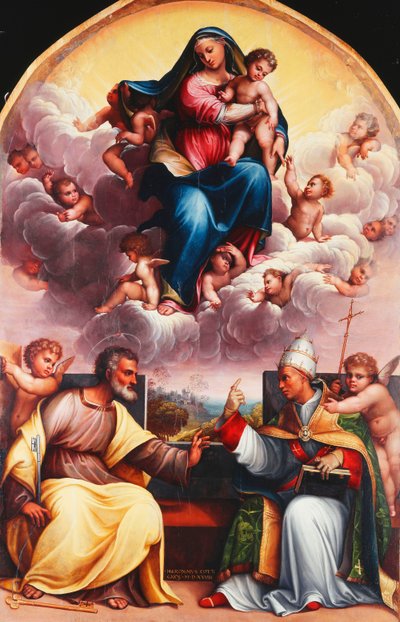 Madonnan och barnet i ära med de heliga Peter och Gregorius den store som disputerar och änglar av Girolamo Marchesi da Cotignola
