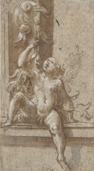 En putto sittande på en ram, ca. 1538-40. av Girolamo Mazzola Bedoli