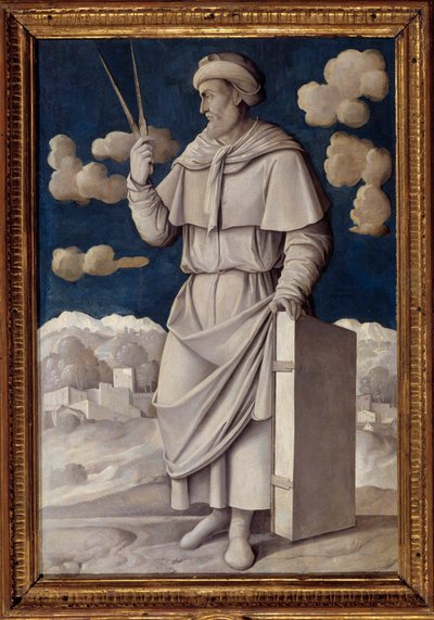 Porträtt vid foten av Euklid (325-265 f.Kr.), grekisk matematiker Målning av Girolamo Mocetto (1458-1531) 1531 Paris. Musee Jacquemart Andre - Hellängdsporträtt av Euklid (325-265 f.Kr.), engelsk matematiker. Målning av Girolamo Mocetto (1458-1531) av Girolamo Mocetto