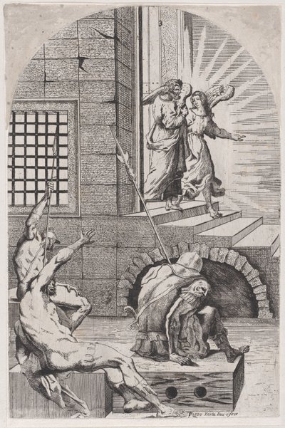 Sankt Peter släpptes ur fängelset av ängeln, 1650-70. av Girolamo Pedrignani