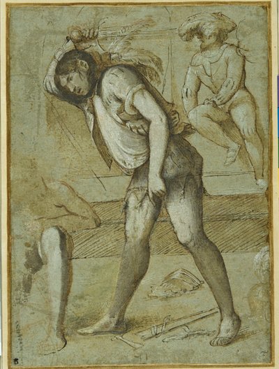 En bödel på väg att halshugga ett skäggigt helgon (penna & brunt bläck med tvätt och vit kroppsfärg på papper) av Girolamo Romanino