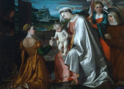 Mystisk äktenskap av Saint Catherine i närvaro av Saints Ursula, Lawrence och Angela Merici, av Girolamo Romanino (ca 1484-efter 1562) av Girolamo Romanino