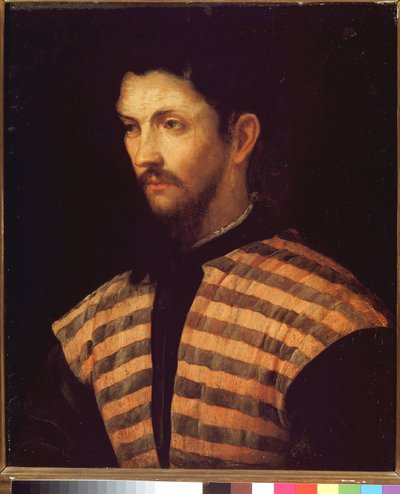 Porträtt av en herre som bär en randig jacka - Olja på duk av Girolamo Romanino