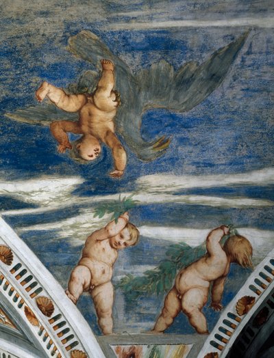 Våldtäkt av Ganymedes och putti, mosaiknischer och statyer, Detalj av fresker av Girolamo Romanino (ca 1484-efter 1559), beställd av Bernardo Clesio av Girolamo Romanino