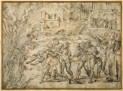 Bålet restes inför Hannibals trupper vid Saguntums fall (penna & brunt bläck med brun tvätt) av Girolamo Romanino