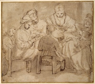 Kvinnor och flickor sitter runt ett bord och syr (penna & brunt bläck med brunt tvätt på papper) av Girolamo Romanino