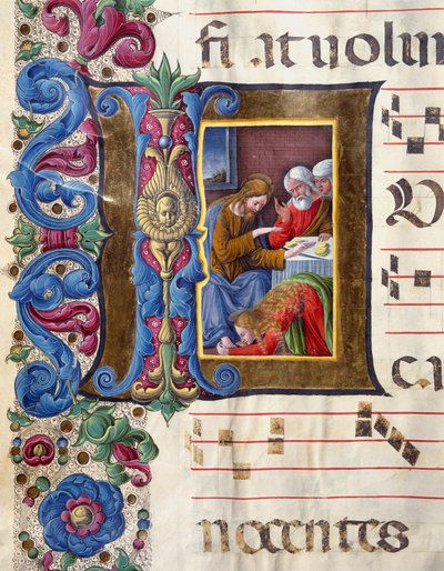 Decoree brevpapper föreställande Maria Magdalena vid Jesu fötter Miniatyr av Girolamo da Cremona (aktivt omkring 1451-1483) och Liberale da Verona (1445-1529) från en kör (Cod. 22/7. c.15v) från katedralen i Siena . 1400-talets katedral (Duomo) av av Girolamo da Cremona