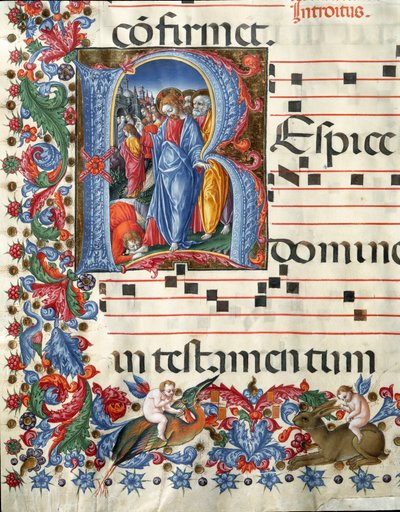 Decoree-lettere, der forestiller Kristus og spedalske miniature af Girolamo da Cremona (aktiv omkring 1451-1483) og Liberale da Verona (1445-1529) fra et kor (Cod. 19/4. c.26.) fra katedralen i Siena. Cathedrale (Duomo) i Siena fra det 15. århundrede, Ital av Girolamo da Cremona