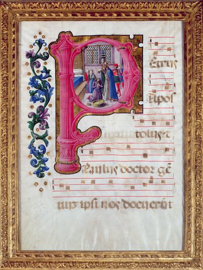 Historikert initial "P" som visar Konstantins dop (ca 274-337) från en lombardisk antifonär av Girolamo da Cremona