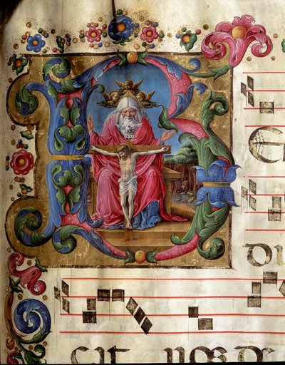 Lettrin B dekorerad som representerar den heliga treenigheten (nådens tron) Gud, Jesus Kristus och den helige Andes duva (den helige Ande). Miniatyr av Girolamo da Cremona (aktiv omkring 1451-1483) från en kör (Cod. 10/L. c.81v) från katedralen i Siena. 15 av Girolamo da Cremona