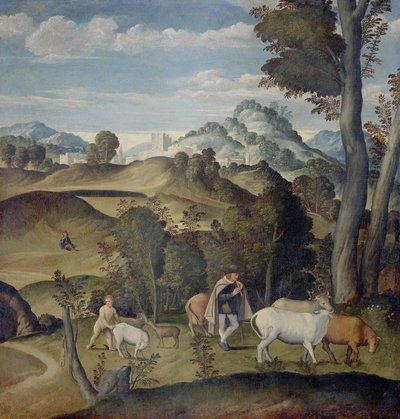 Den unga Merkurius stjäl boskap från Apollons flock av Girolamo da Santacroce (ca.1480 1556) (attributed to)