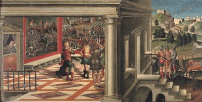 Scener från Orlando Furioso (olja på duk på panel) av Girolamo da Santacroce