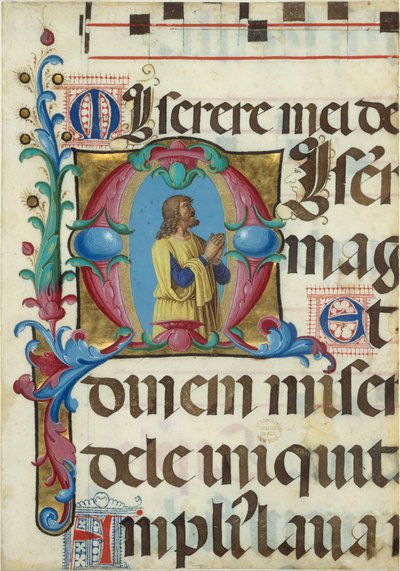 Manuskriptbelysning med David i bön i ett initialt M, från en psalter, 1501-2. av Girolamo dai Libri