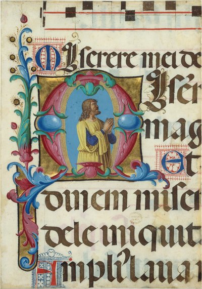 Manuskriptbelysning med David i bön i ett initialt M, från en psalter, italienska, 1501-2. av Girolamo dai Libri