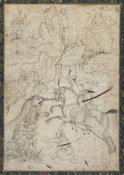 En beriden prins som jagar lejon i ett stenigt landskap av Girolamo della Robbia