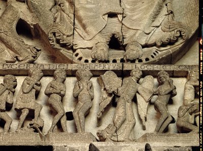 West Portal tympanon som visar den sista domen: detalj av Kristi fötter, en ängel och dödliga, ca 1130-35 kalksten av Gislebertus