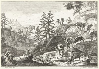 Bergslandskap med ryttare som leder hästar nedför på en stig Italienska landskap (serietitel) av Giuliano Giampiccoli