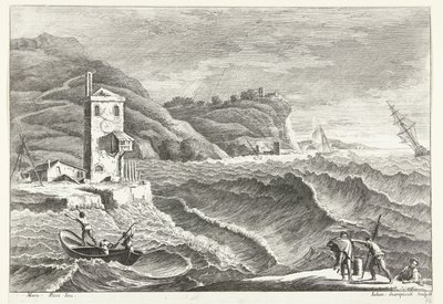 Kustlandskap med storm till havs och eldfyr Italienska landskap (serietitel) av Giuliano Giampiccoli