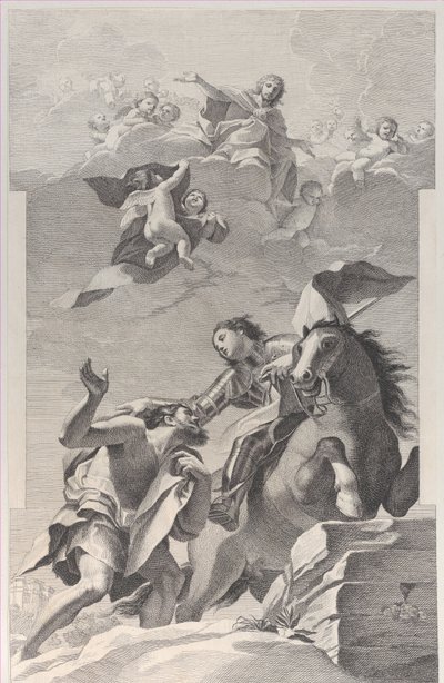 Sankt Martin, till häst, ger sin mantel till en tiggare..., 1760-1800. av Giuliano Traballesi
