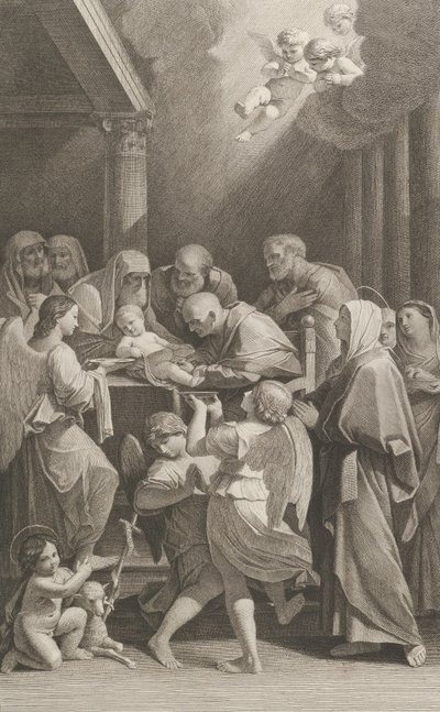 Kristi omskärelse, en grupp män, kvinnor och änglar som omger honom, den..., ca. 1760-1800. av Giuliano Traballesi