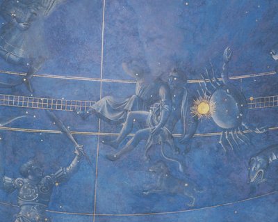 Solens väg genom stjärnorna natten till den 4 juli 1442, detalj av Tvillingarna och Kräftan, från soffiten ovanför altaret, ca 1430 (detalj av 85088) av Giuliano dArrighi Pesello