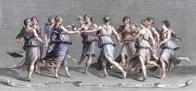 Apollo dansar med sina nio olympiska muser. (skriva ut) av Giulio (after) Romano